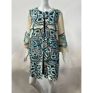 Chicos Womens Jacket Blue White Floral Open Front Jewel Neck Linen Artsy 2 L/12